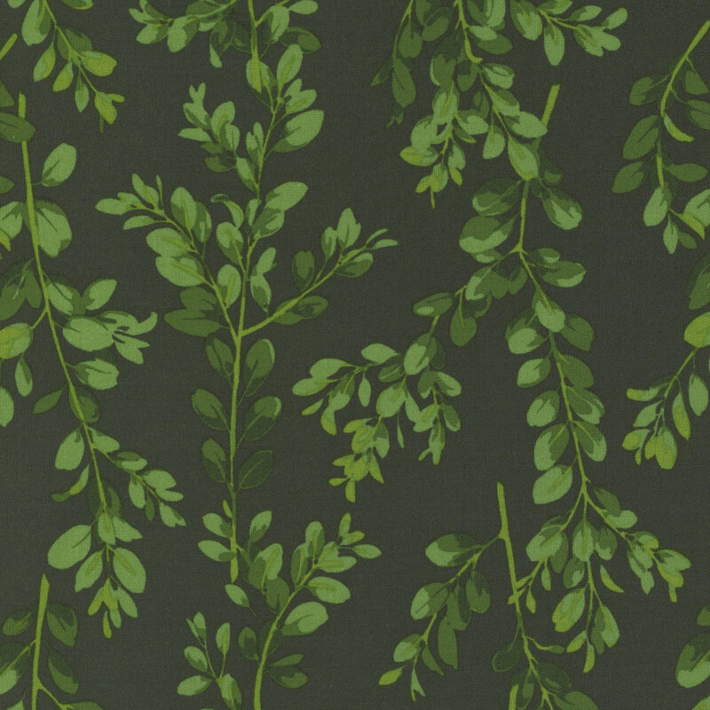 dark pine green fabric featuring tossed boxwood sprigs