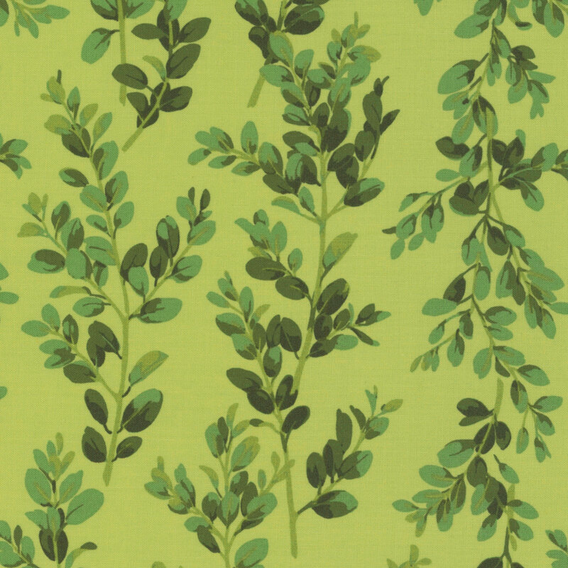leaf green fabric featuring tossed boxwood sprigs