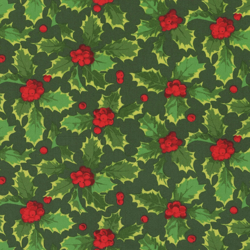 dark green fabric featuring scattered holly