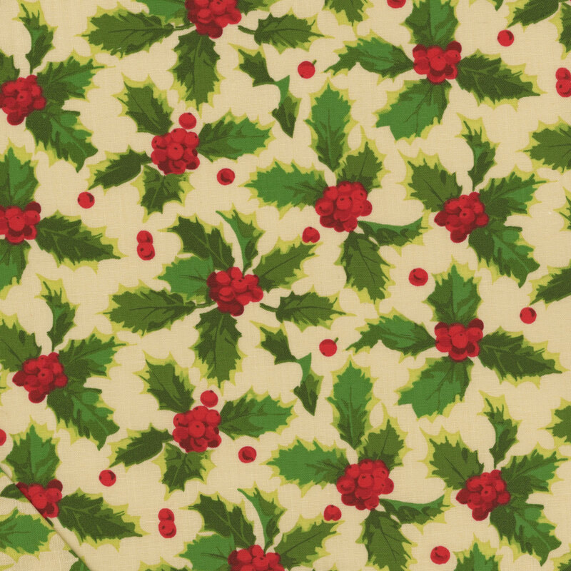 dark cream fabric featuring scattered holly