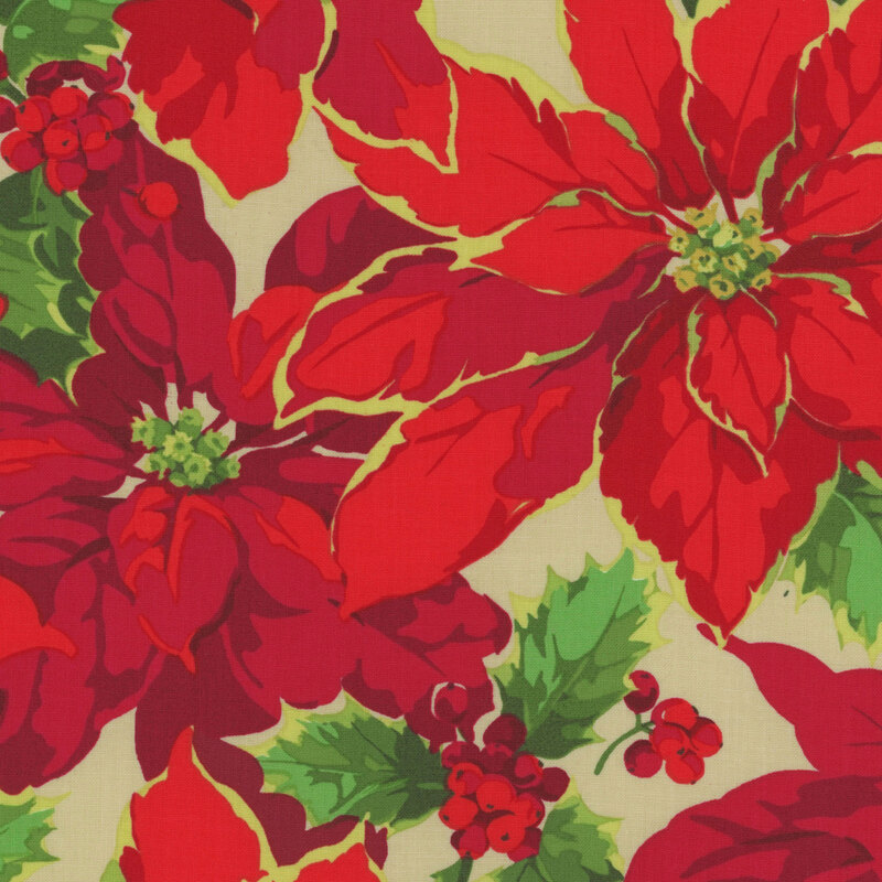 dark cream fabric featuring scattered red poinsettias and holly