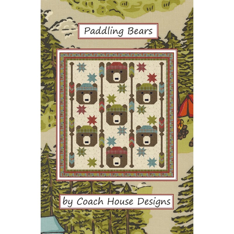 Front of pattern with a digital render of the finished quilt, over a print from the Great Outdoors Collection