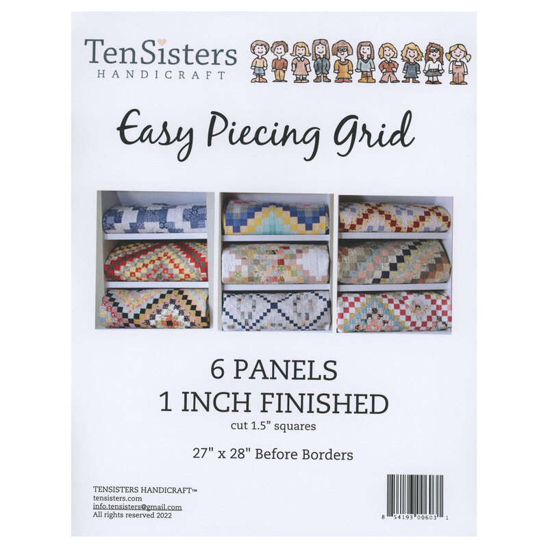 Scan of the paper insert from the Grid Panels interfacing packaging, with photos of nine finished pieced quilts folded and staged on shelves.