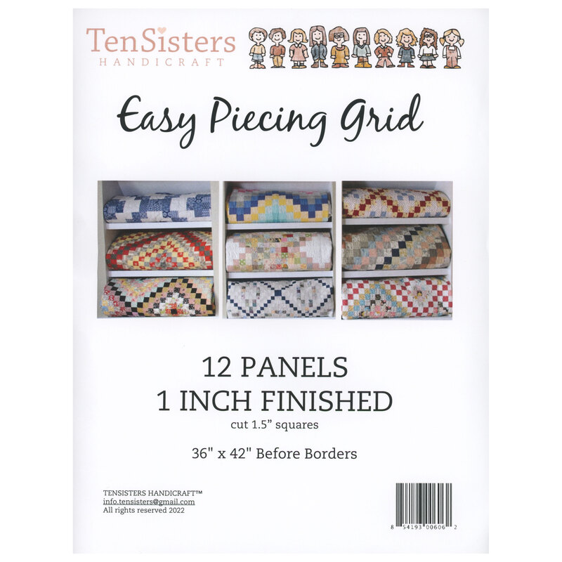 Scan of the paper insert from the Grid Panels interfacing packaging, with photos of nine finished pieced quilts folded and staged on shelves.