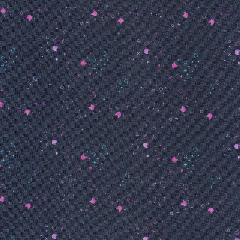 Dark blue fabric featuring small ditsy prints of cats, hearts, dots, x's, and o's in pink, purple, and aqua