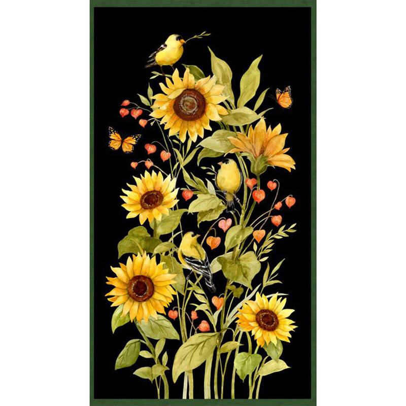 digital image of a black fabric panel, featuring a forest green border and a natural bouquet of sunflowers and lantern berries, with fluttering butterflies and American Goldfinches perched on the leaves