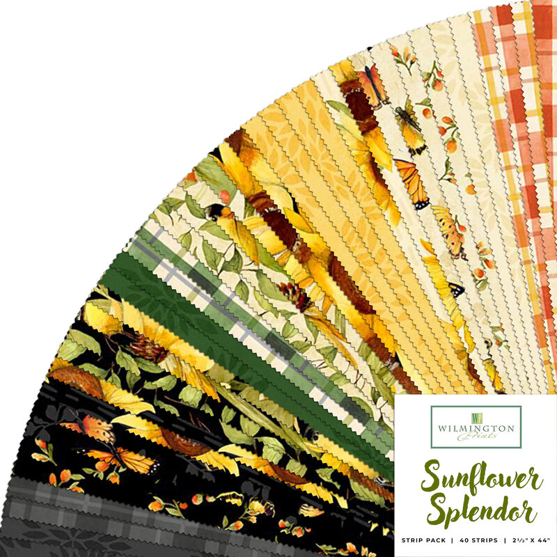 collage of all sunflower splendor fabrics splayed in a fan in shades of yellow, cream, orange, green, and black