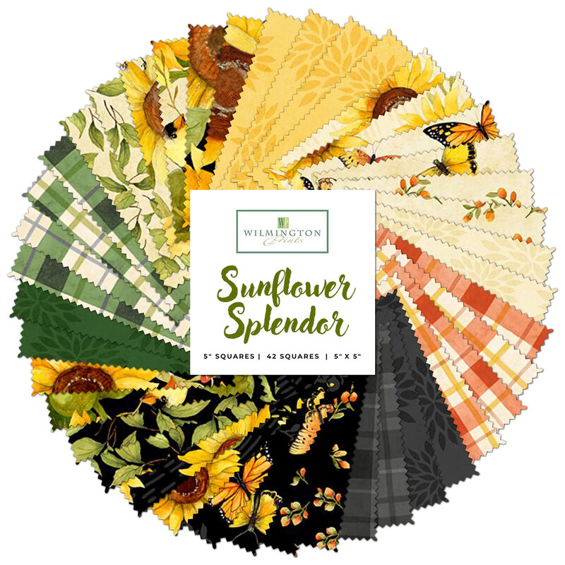 collage of all sunflower splendor fabrics splayed in a circle in shades of yellow, cream, orange, green, and black