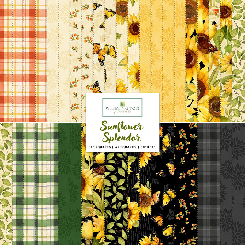 collage of all sunflower splendor fabrics in shades of yellow, cream, orange, green, and black