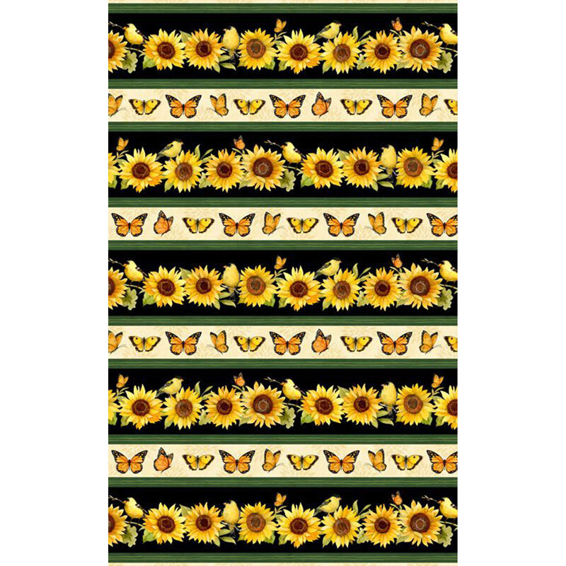 digital image of a black and cream fabric border stripe, featuring alternating rows of sunflowers and butterflies, with American goldfinches nestled in between the sunflowers and dark green striping separating the wider stripes