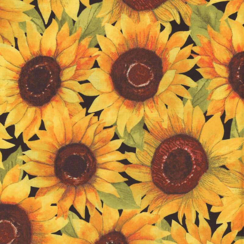 digital image of black fabric featuring packed together large watercolor sunflowers