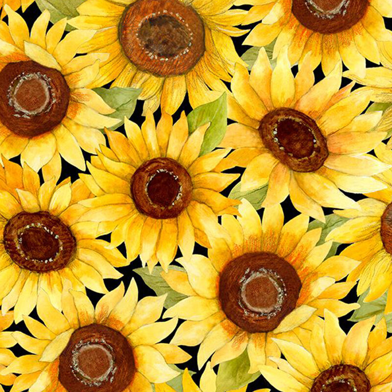 digital image of black fabric featuring packed together large watercolor sunflowers