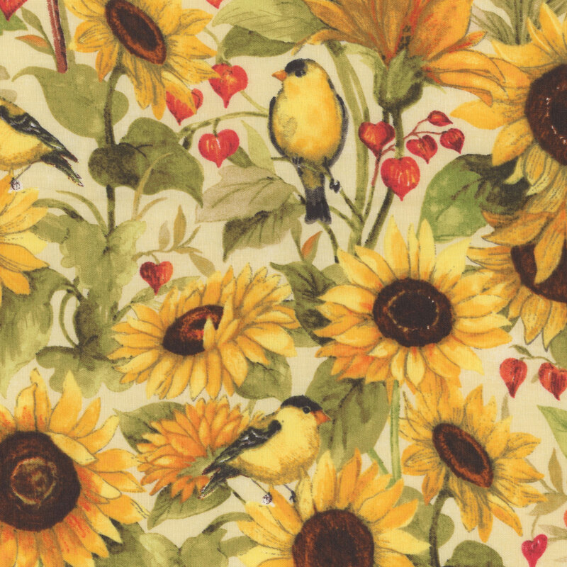 A patterned design featuring yellow sunflowers and small birds among green leaves and red hearts.