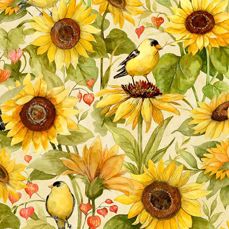 digital image of cream fabric featuring packed together large watercolor sunflowers, lantern plants, and American Goldfinches