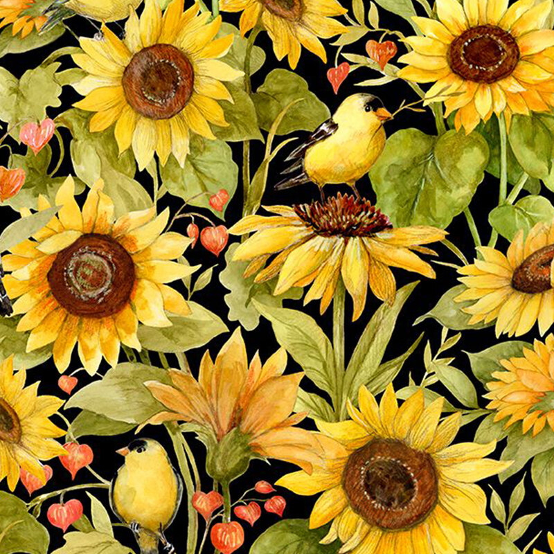 digital image of black fabric featuring packed together large watercolor sunflowers, lantern plants, and American Goldfinches