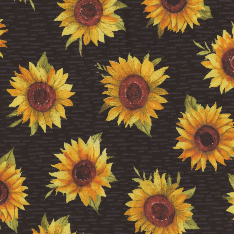 Pattern of bright yellow sunflowers against a dark background.