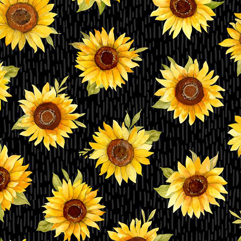 digital image of black fabric featuring tonal texturing and scattered watercolor sunflowers