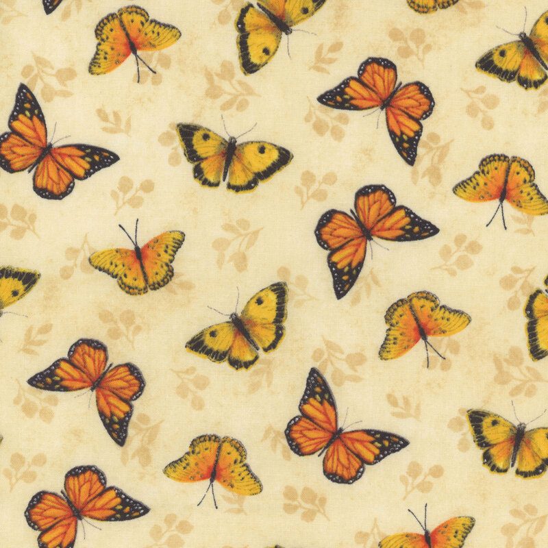 A repeating pattern of orange and yellow butterflies on a light beige background.