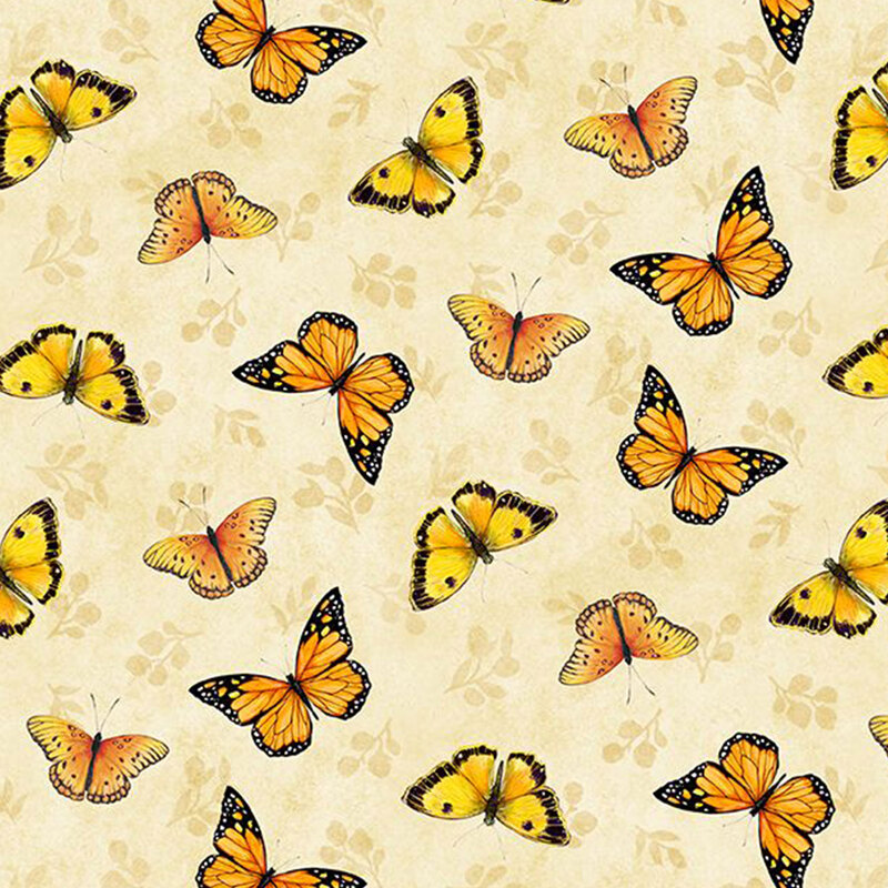 digital image of cream fabric featuring scattered tonal flower bud motifs and watercolor butterflies
