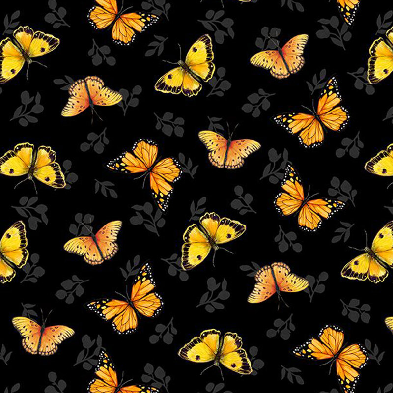 digital image of black fabric featuring scattered tonal flower bud motifs and watercolor butterflies