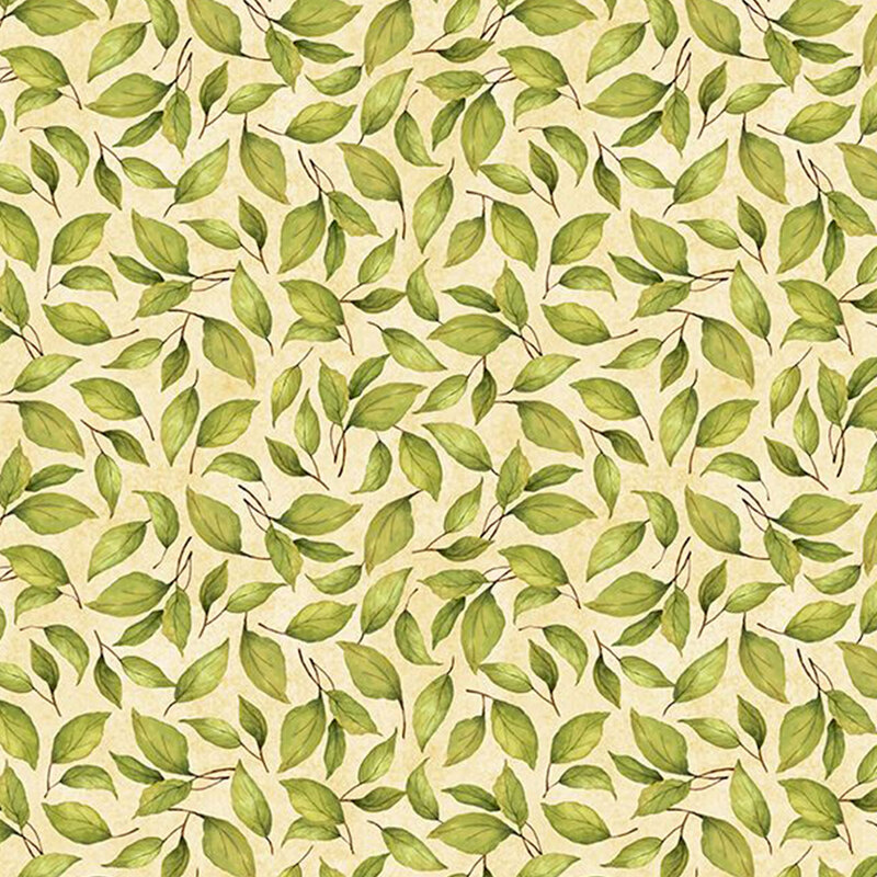 digital image of cream fabric featuring scattered watercolor green leaves