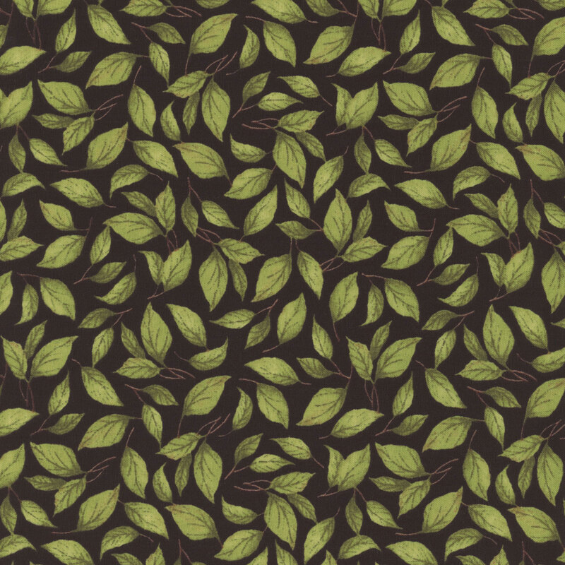 digital image of black fabric featuring scattered watercolor green leaves