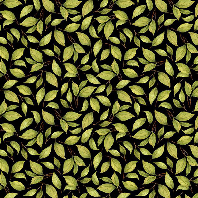 digital image of black fabric featuring scattered watercolor green leaves