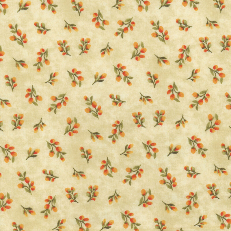 digital image of cream watercolor fabric featuring scattered orange flower buds