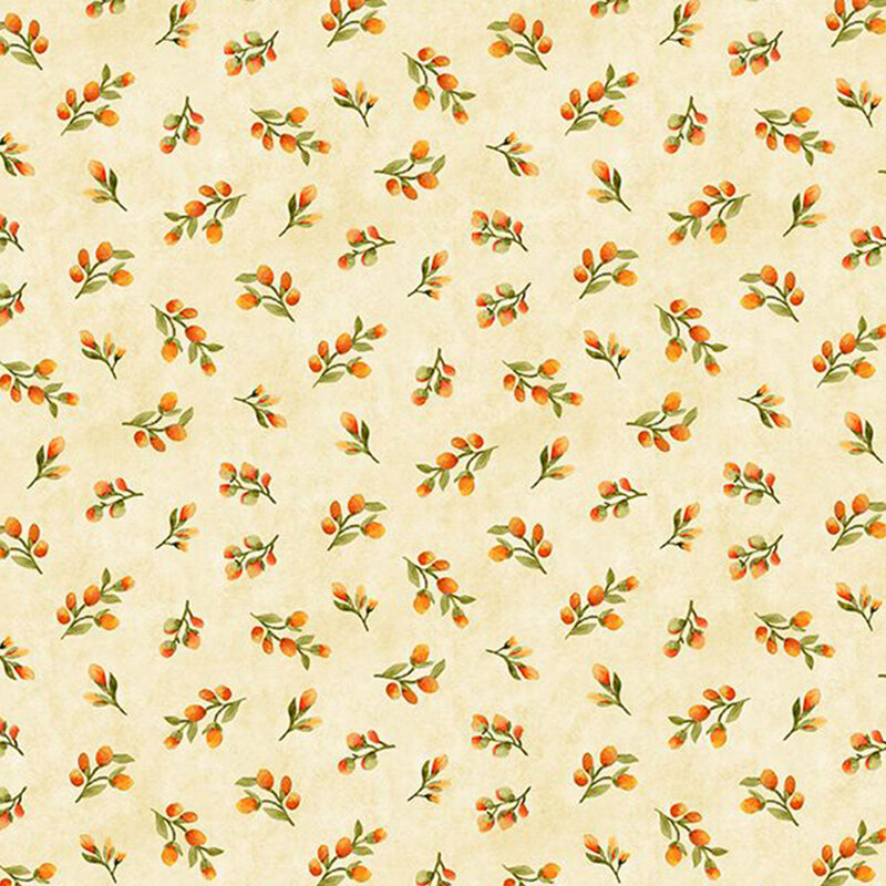 digital image of cream watercolor fabric featuring scattered orange flower buds