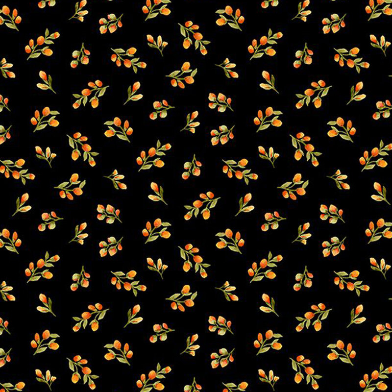 digital image of black watercolor fabric featuring scattered orange flower buds