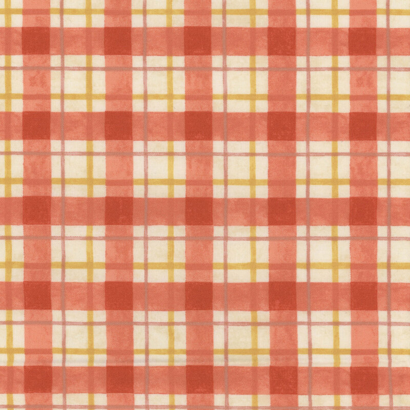 A red and yellow plaid pattern on a cream background. Alternating squares create a grid design.