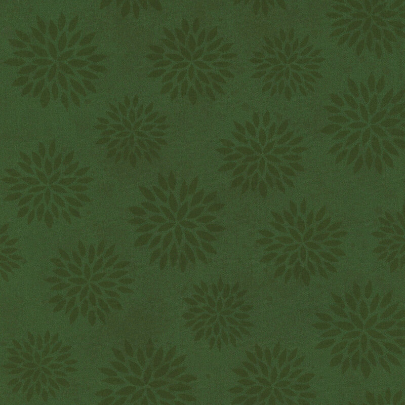 Green fabric with a repeating floral pattern of dark green, resembling stylized blossoms.