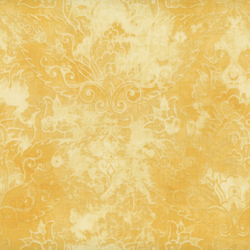 Scan showing a faint damask tile in mottled butter yellow tones