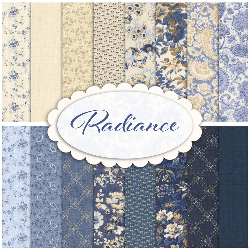 collage of all Radiance fabrics, in lovely shades of cream, white, and blue