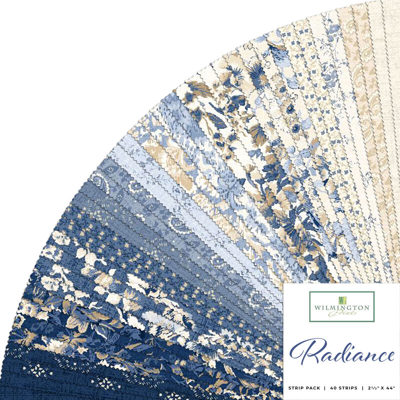 collage of all Radiance fabrics splayed in a fan, in lovely shades of cream, white, and blue