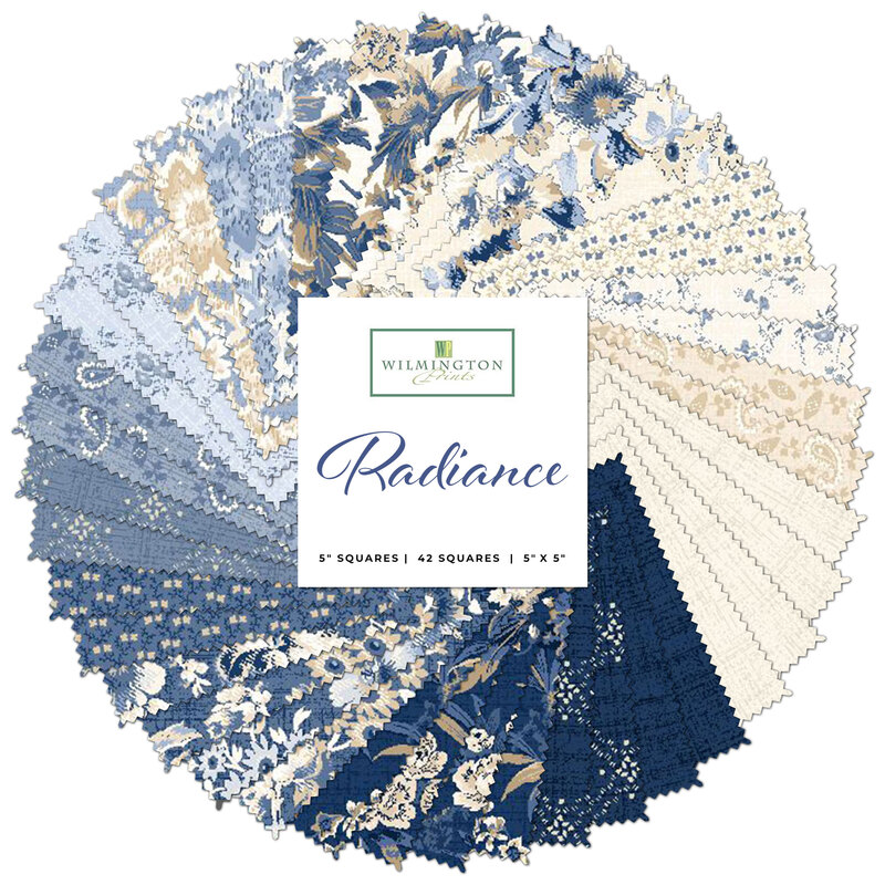 collage of all Radiance fabrics splayed in a circle, in lovely shades of cream, white, and blue