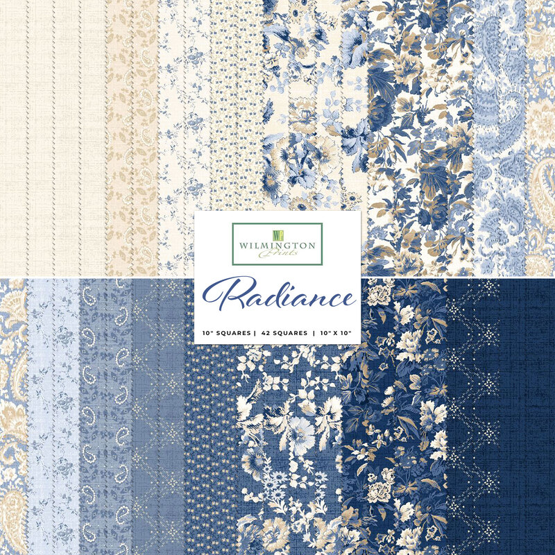 collage of all Radiance fabrics, in lovely shades of cream, white, and blue