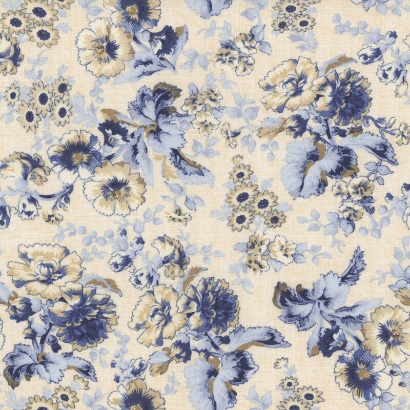 light cream textured fabric featuring scattered textured florals in shades of cream and blue