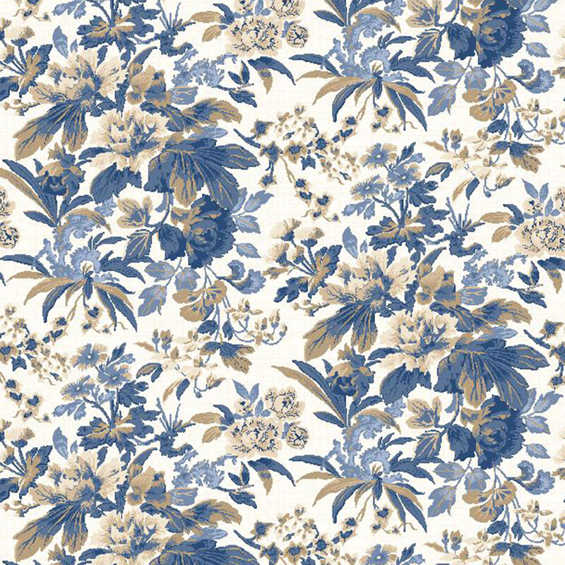light cream textured fabric featuring scattered textured florals in shades of cream and blue