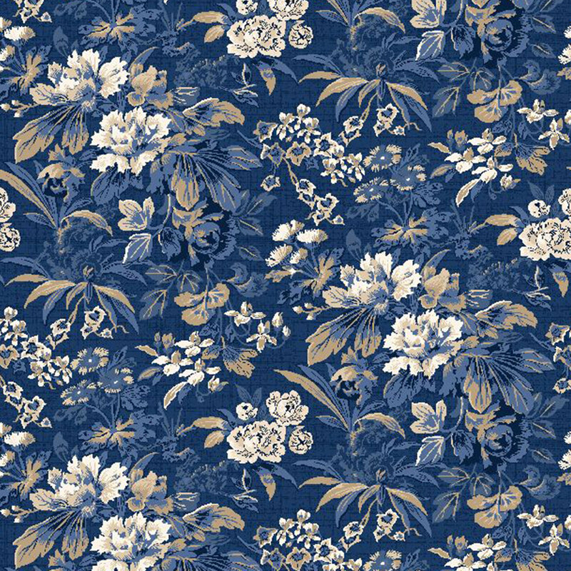 dark denim blue textured fabric featuring scattered textured florals in shades of cream and blue