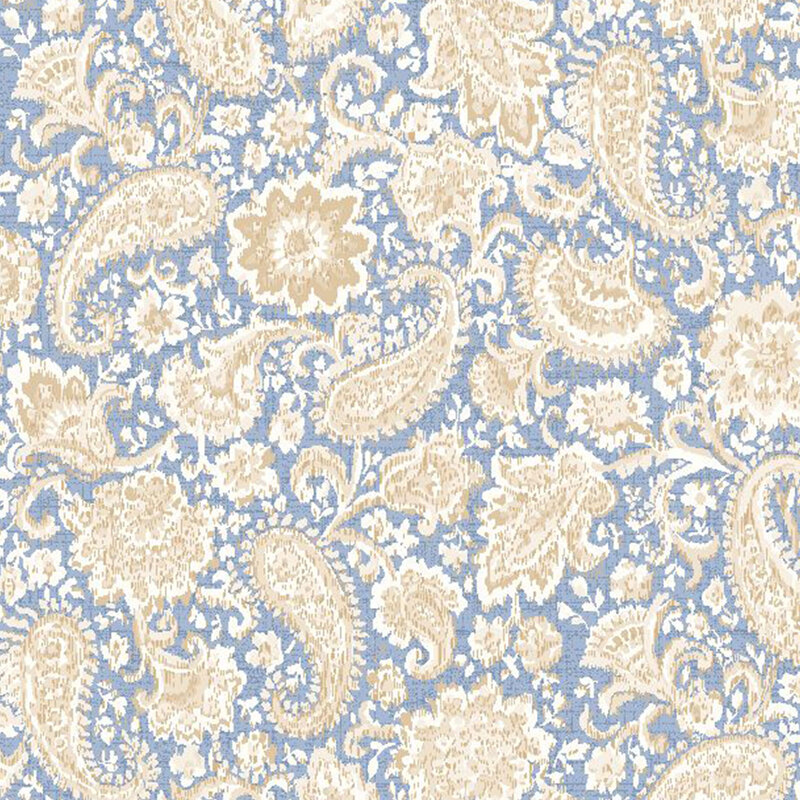 light denim blue textured fabric featuring scattered textured florals and paisley motifs in shades of cream