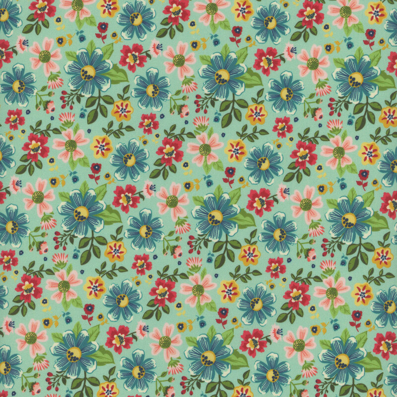 Teal aqua print with a tossed flower motif tiled all over in teal, yellow, red, and pink