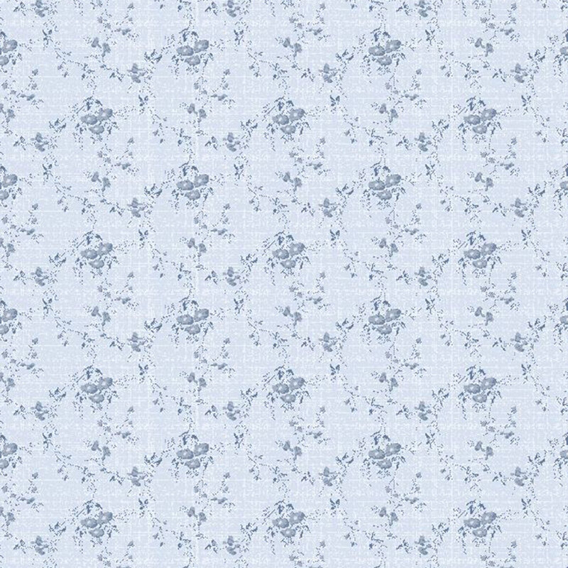 light denim blue textured fabric featuring scattered tonal textured vines and small flower bunches