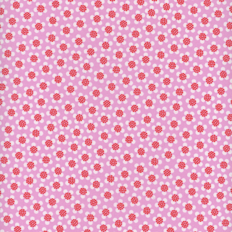 Scan of a bright pink fabric with tiles white flowers that have red pindots in the centers