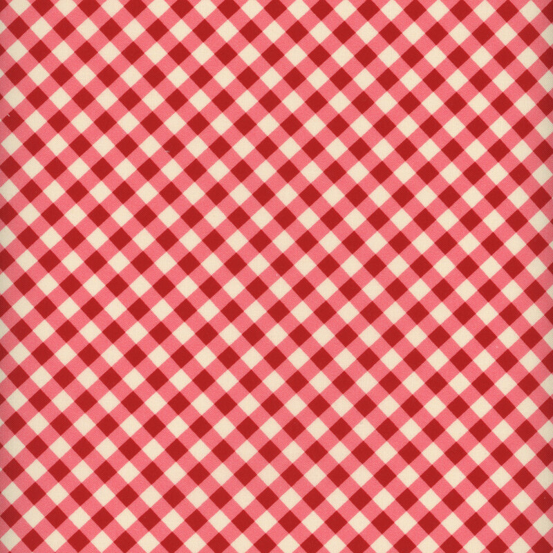 Scan of a cherry red and pink diagonal gingham fabric on cream
