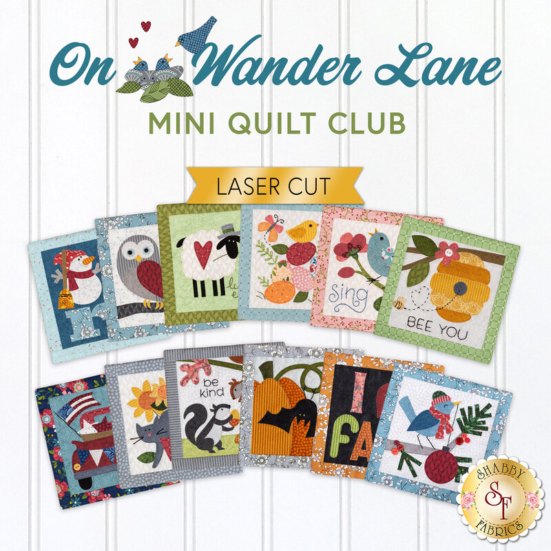 Collage image of 12 mini quilts made with the Wander Lane fabric collection and patterns by Nancy Halvorsen.