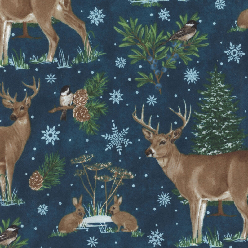 Blue flannel with winter animal, snowflake, and pine pattern