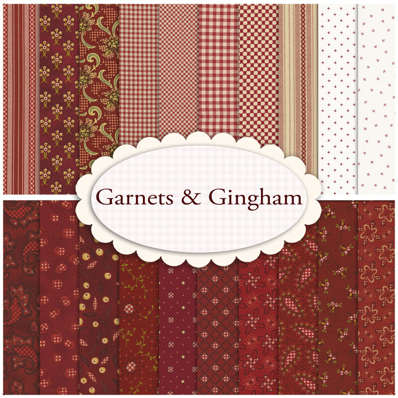 Collage image of the fabrics included in the Garnets & Gingham collection