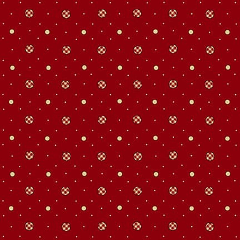Red fabric with white dots in varying sizes with gingham dots interspersed.