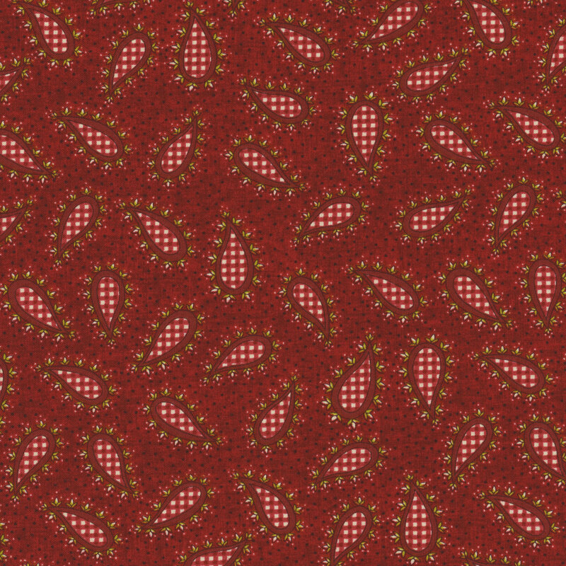 red fabric featuring gingham-detailed paisley with a leafy outline